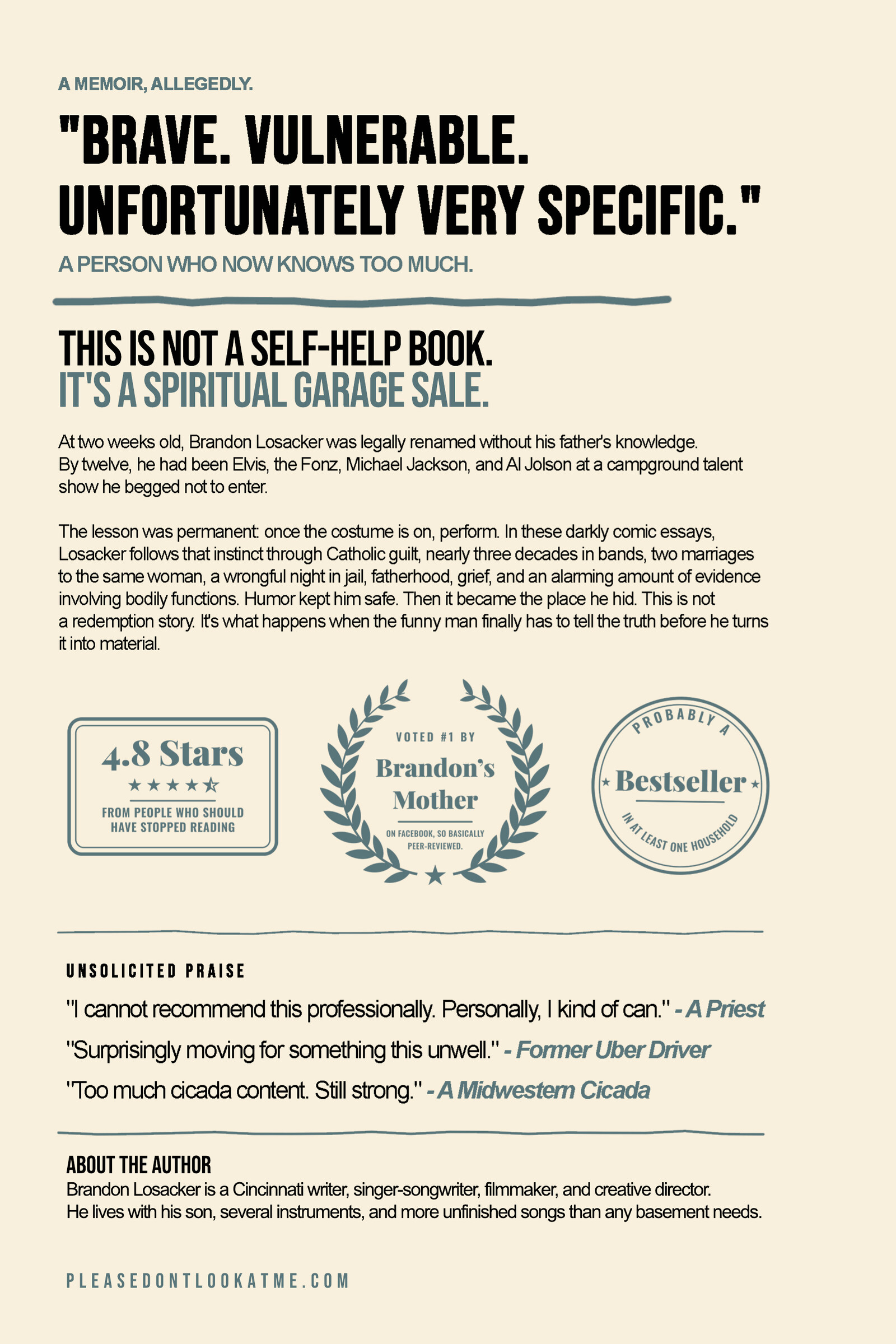Back cover of Please Don’t Look at Me, with a synopsis, humorous review badges, unsolicited praise, and an author biography